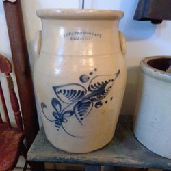 Antique Blue And Tan Butter Churn Crock
