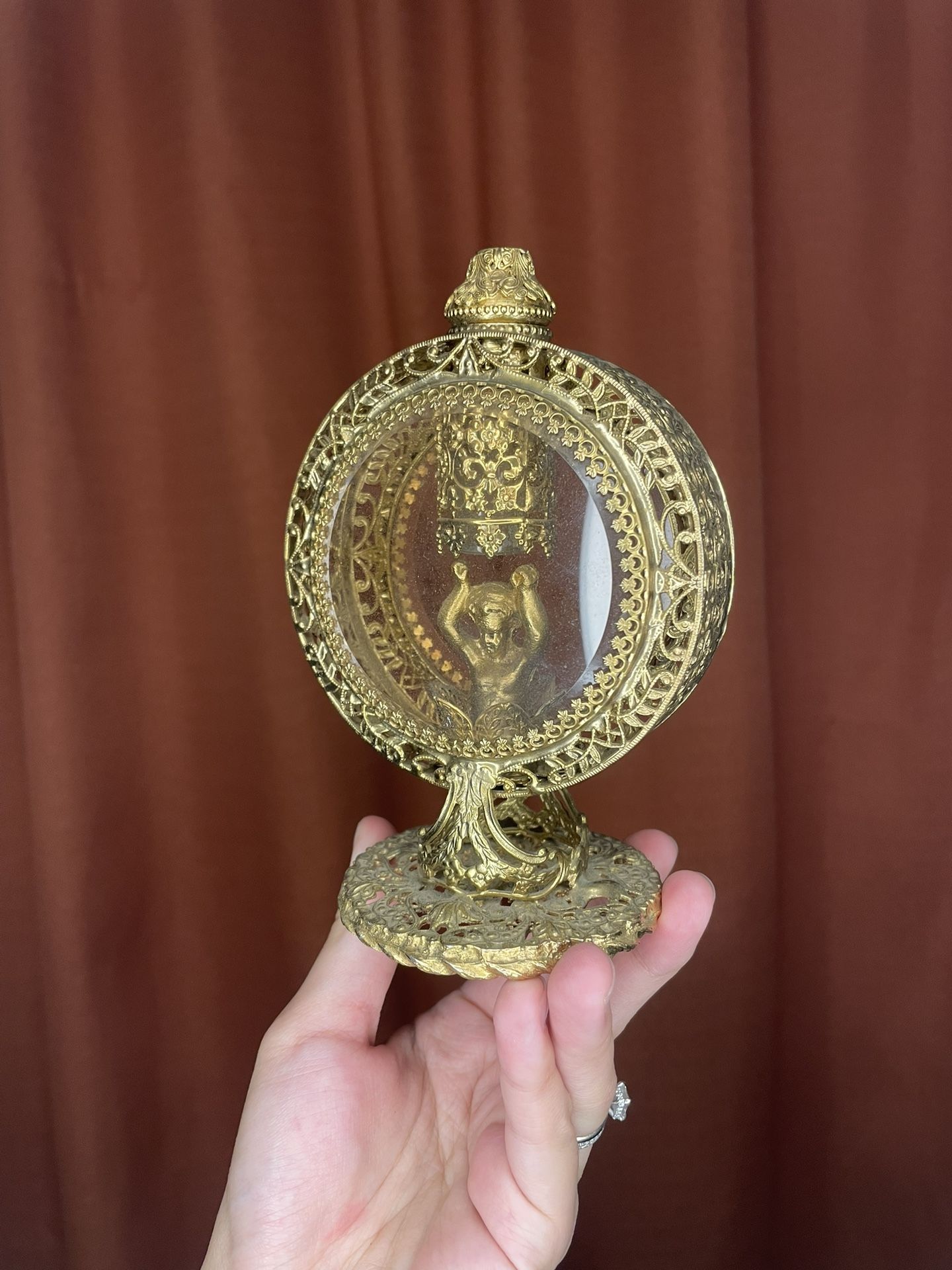 Vintage Antique Brass Gold Ornate Perfume Bottle No Dauber