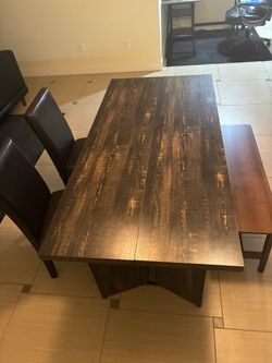 Dark Wood Dining Table with 2 chairs and bench