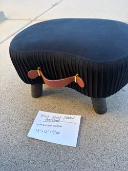 Black Velvet Padded Footstool with Leather Strap