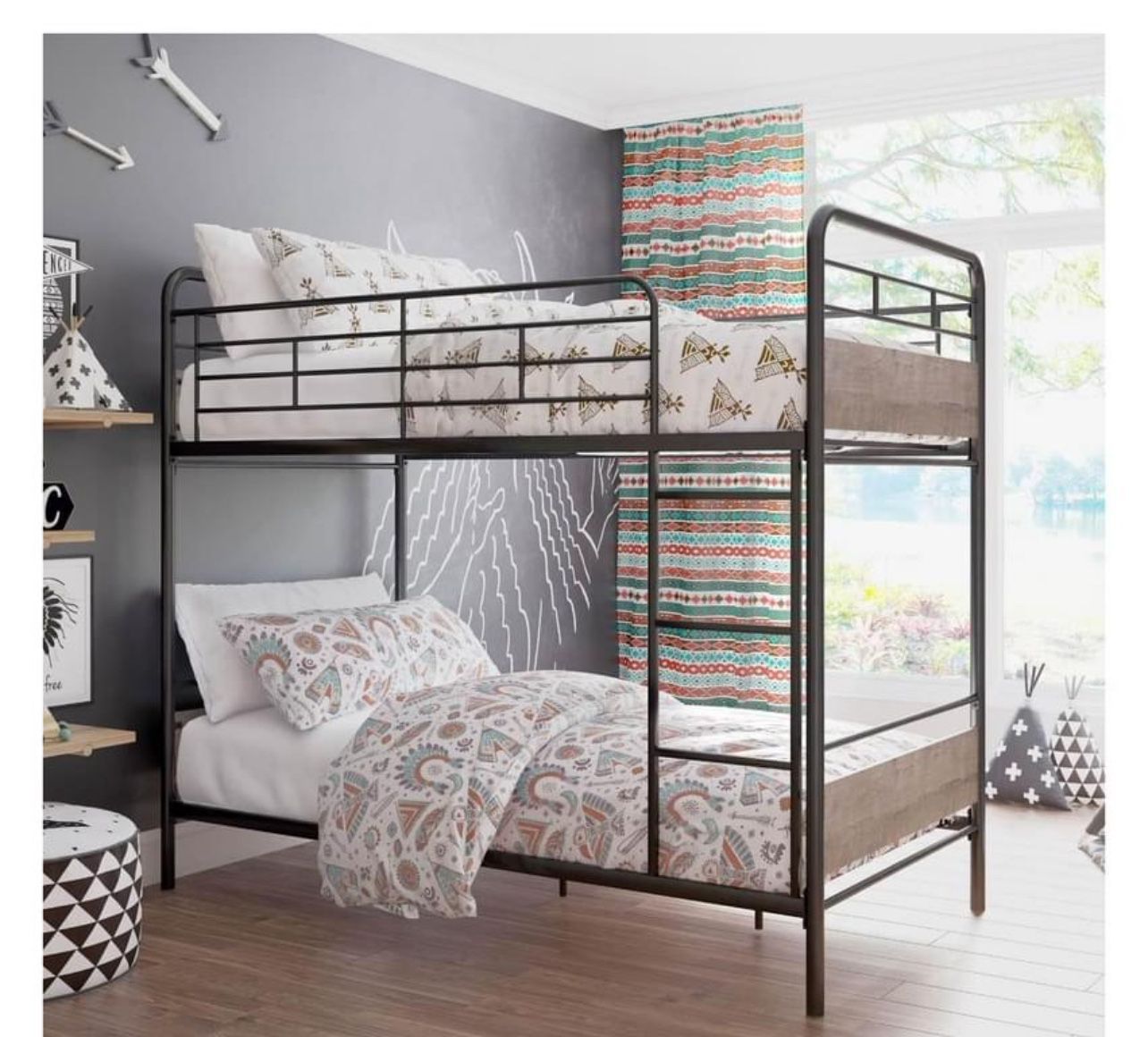 Anniston Twin Over Twin Bunk Bed, Metal Frame and Rustic Gray Accents