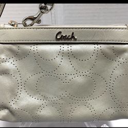 Coach Perforated Signature Logo Leather Silver Wristlet Bag Purse Clutch