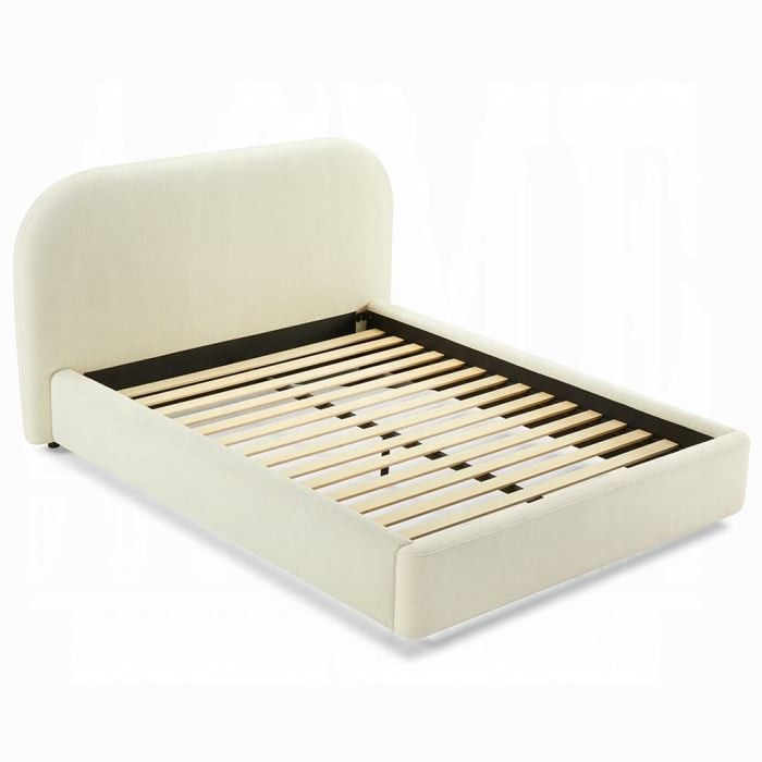 BEIGE FABRIC QUEEN SIZE BED FRAME PLATFORM LOW PROFILE CAMA