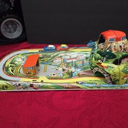 Vintage Technofix Tin Litho Wind Up Toy- cars and Mountain WORKING - West Germany Toy - HTF