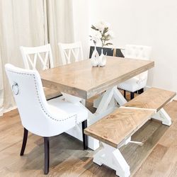 Custom Dining Table Farmhouse Country French Modern Rustic Solid Wood Set Restoration Hardware Insp Bench Hand Built Round Oval Counter Breakfast  