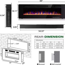 Ultra-Thin Wall Mounted & Recessed Electric Fireplace, 60 inch