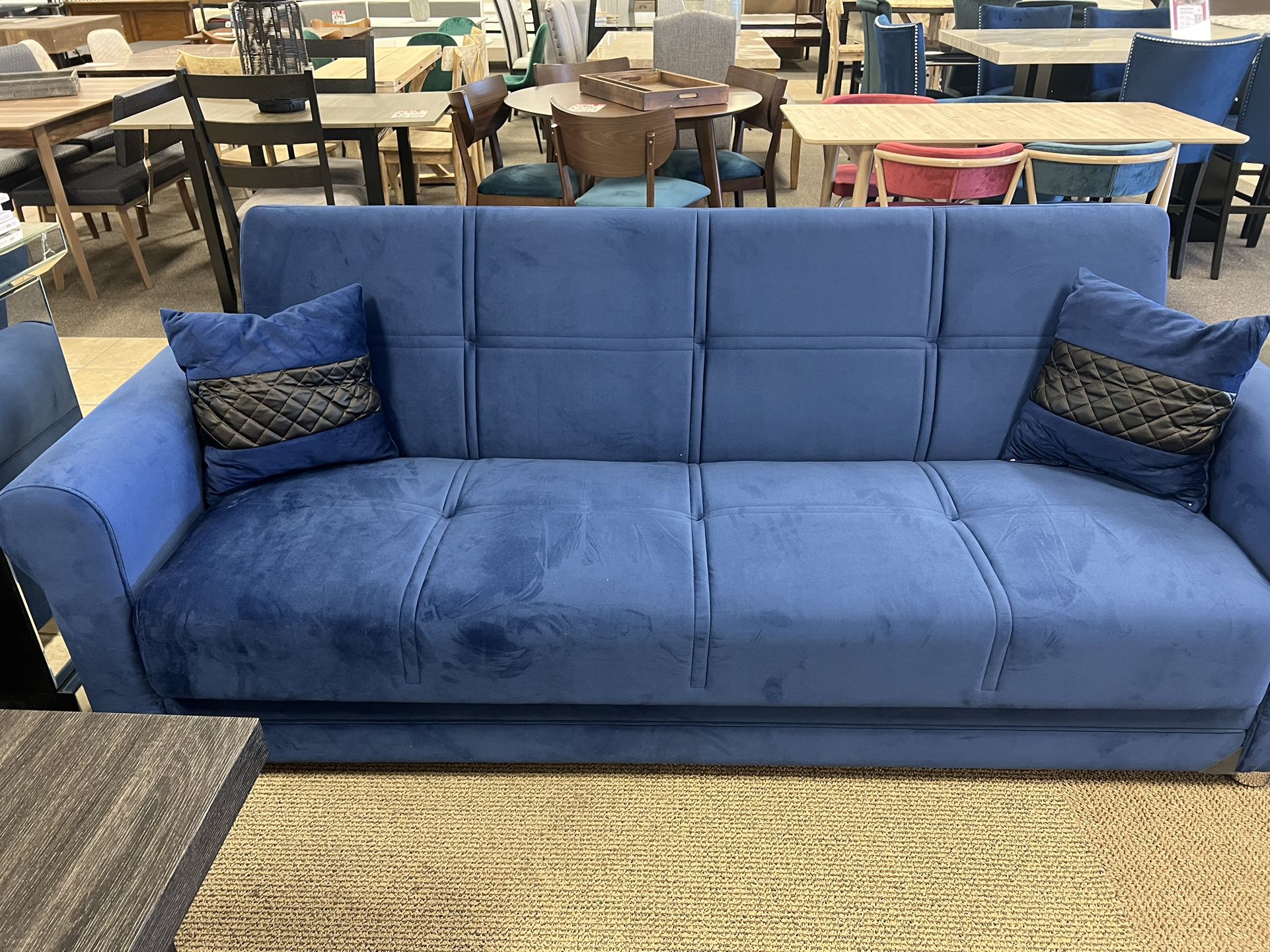 Convertable Blue Microfiber Sleeper Sofa W/ Storage Pillows Included