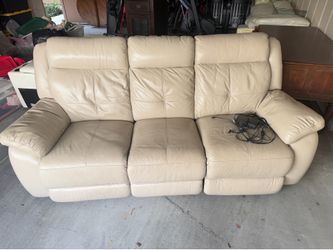Cream Leather Three-Seat Power Recliner Sofa — Gently Used, Power Recline on Both Ends.