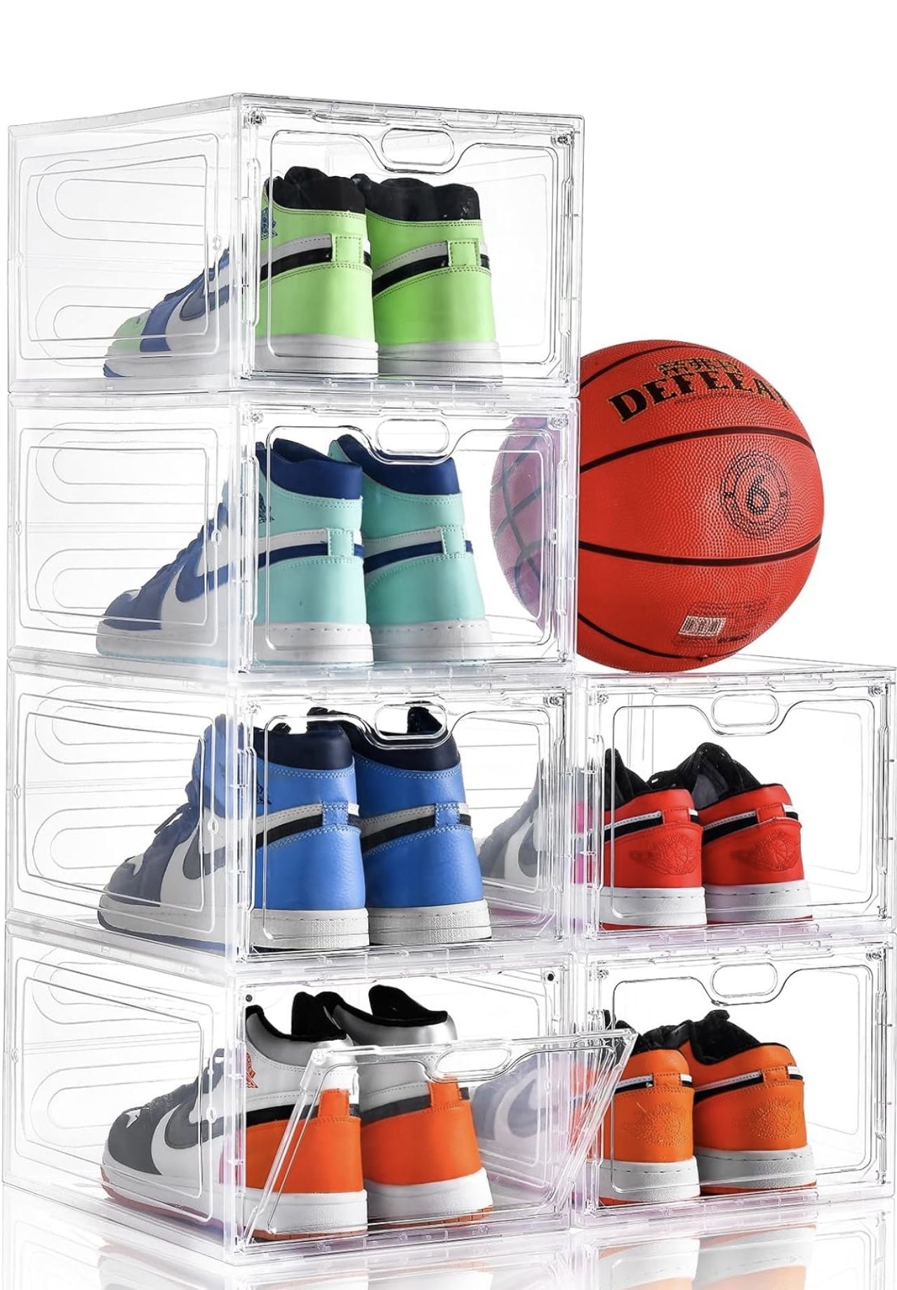 6 Pack Clear Hard Plastic Stackable Shoes Organizer with Magnetic Front Door, Fit up to Size 12