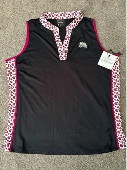 Belyn Key Women's Sleeveless Golf Polo L Black Floral Trim Collared Pullover