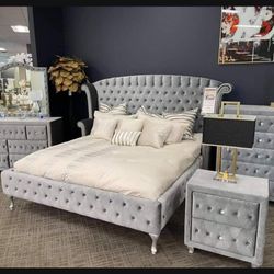 In Stock💥 King Bed, Dresser, Mirror, Night Stand / Gray Velvet 4pc Bedroom Set 👈 Brand New ✨ Fastest Delivery 🚚 
