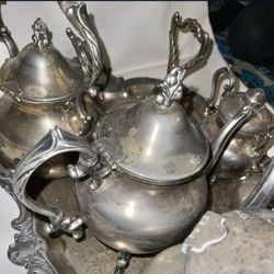 ANTIQUE CROWN B & C REG. ART SHIFFIELD MARK Silver  on Copper Tea Set 12 Pieces