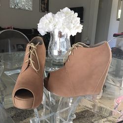 Tan hidden wedge Ankle Bootie peep toe