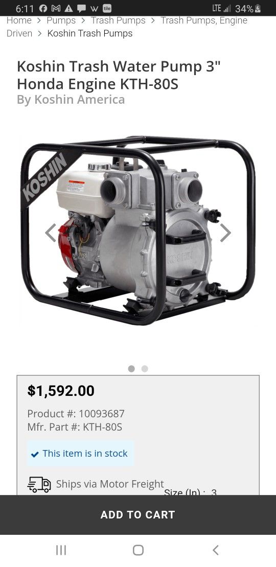 Koshin Trash Water Pump 3" Honda Engine KTH-80S