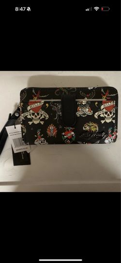 Ed Hardy Graphic Tattoo Skull Wristlet Wallet Credit Card Accent Black Multi
