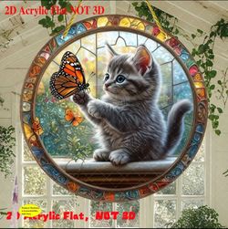 "Gentle Touch" Kitten and Butterfly Round Window Hanging Acrylic Suncatcher