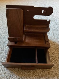 Wood Phone Docking Station for up to 3 Phones - Nightstand Organizer with Drawer for Valuables for Men & Women, Compatible with Apple Watch, Holds Pho