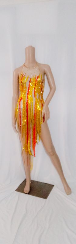 Chers revealing red and gold crystallized bodysuit dress.