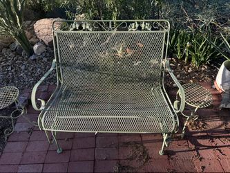 Vintage Wrought Iron Glider Loveseat Bench with 2 Side Tables