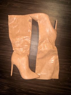 Nude Croc Embossed Knee-High Stiletto Boots