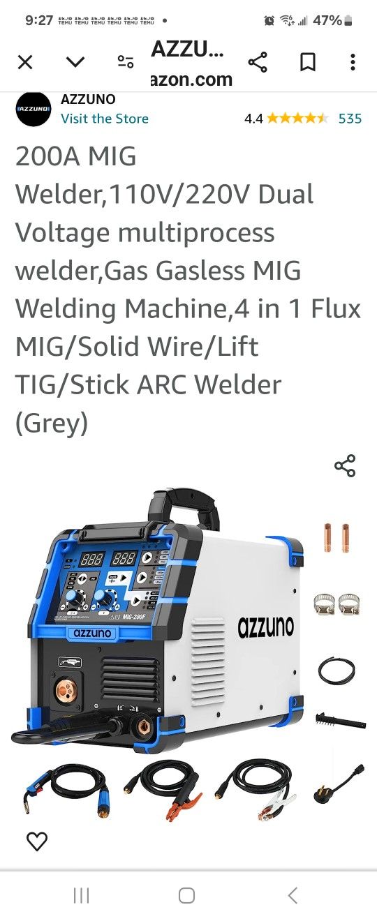 200A MIG Welder,110V/220V Dual Voltage Multiprocess Welder,Gas Gasless MIG Welding Machine,4 In 1 Flux MIG/Solid Wire/Lift TIG/Stick ARC Welder (Grey)