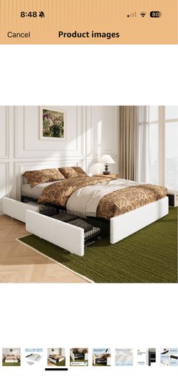 New boucle cream colored full size bed frame with 4 drawers