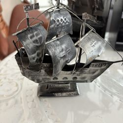 Vintage Metal Boat Statue. Gray & Black Sailboat Ship. $25 Each.  PAIR of Model Boat Bookends $50. 