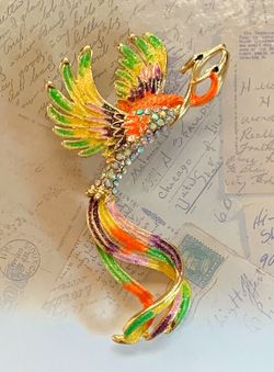 Vibrant Enamel Phoenix Bird Brooch Rhinestone Mythical Pin
