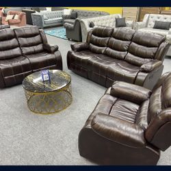 New In The Box 📦 Brown Leather Recliner Sofa Set 3pc - Delivery And Financing Available 