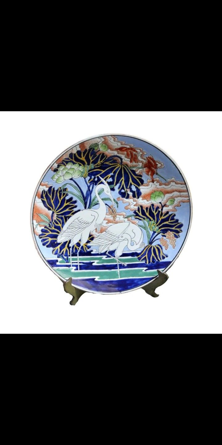 Chinoiserie Blue White Crane Plate Colorful Decorative Vintage Macu