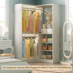 36 Inch Corner Closet System, Large Freestanding Closet Organizer System with 2 Hanging Rods and Storage Shelves, Sturdy Walk in Tower, 36" W x 36" D 