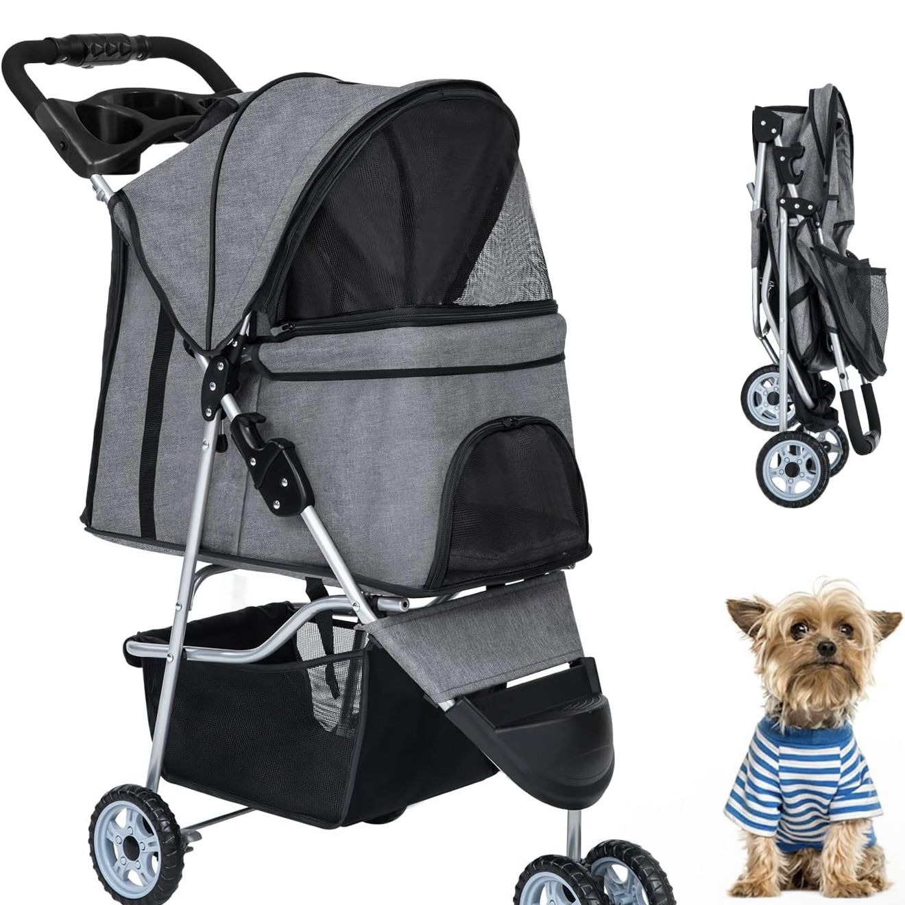 3 Wheels Pet Stroller, Foldable Dog Cat Cage Jogger Stroller with Weather Cover for All-Season, Storage Basket and Cup Holder, Breathable and Visible
