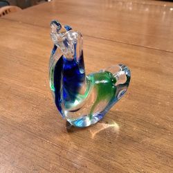 Murano Style Art Glass Figurine Double-Headed Duck In Lovely Blue, Green & Clear, 5"H X 4"L