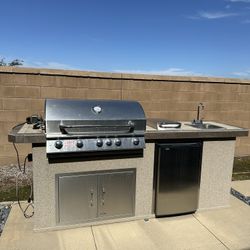 BBQ Grill Island with Rotisserie, Sink & Fridge