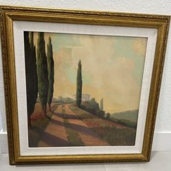 Large Framed Tuscan Landscape Art Print 32x32 Cypress Trees Wall Decor