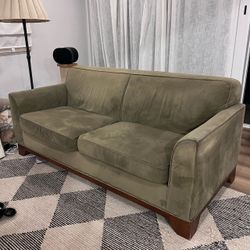 Olive Green Velvet Sofa with Wood Base