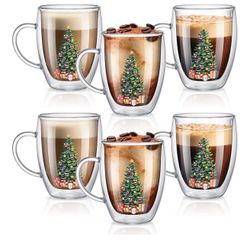 6 Pack Christmas Glass Coffee Mugs with Handle 12 oz 