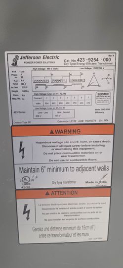 transformador Jefferson Electric (Cat. No. (contact info removed)-000, 112.5 kVA, 480V Delta a 208Y/120V)