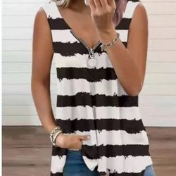 New Sleeveless Vest  Women's T-shirt Popular Zipper Striped Top XL