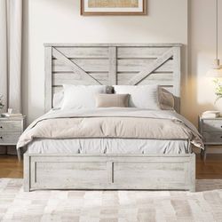 Farmhouse Wood Bed Frame with Barn Door Headboard