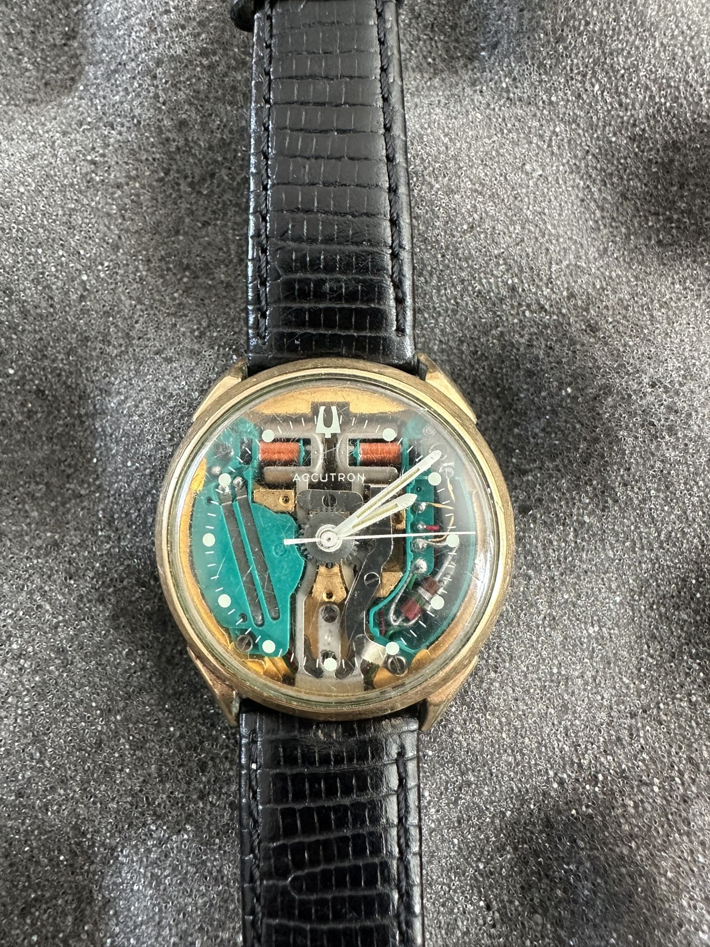 Original 1969 Accutron 10kt. G.F. / Stainless Waterproof Tuning Fork Spaceview Wrist Watch With Real Leather Band.