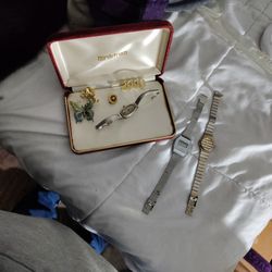 Gold Pins, Butterfly Broach And 3 Watches 