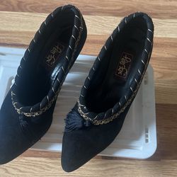 Peter Fox Black Suede Leather Vintage Women’s Pumps Size 8 With Gold Trim