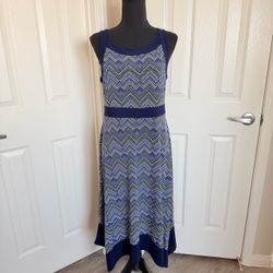 Stylish Blue & Yellow Geometric Designed Sleeveless Stretch Dress Size Petite M