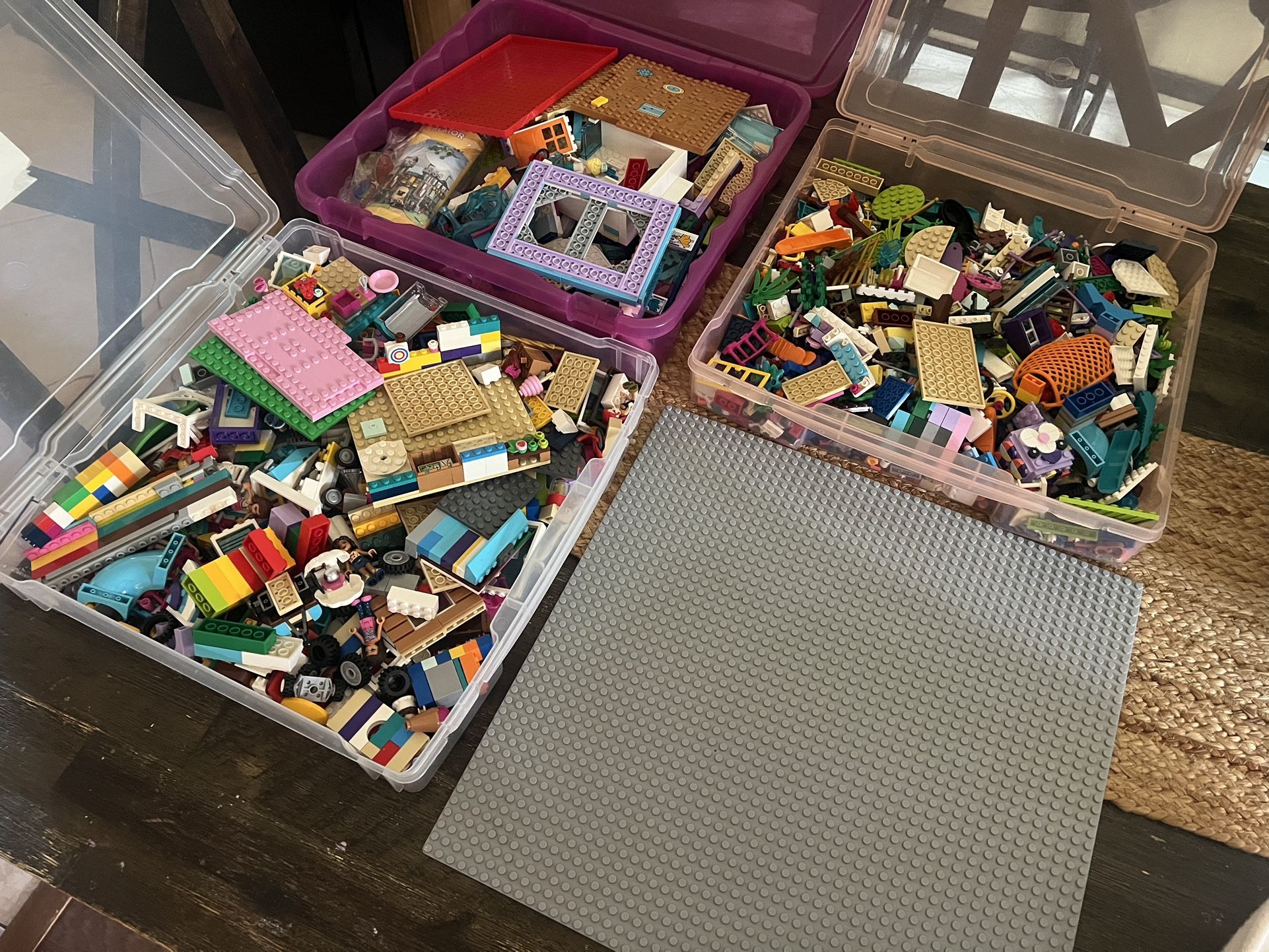 3 Bins Of Legos And Lego Board