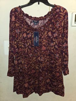 NWT Chaps Floral Peasant Top 2X – Burgundy Boho Tunic Blouse Plus Size