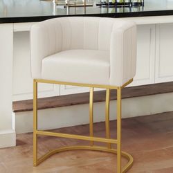26 Inch Beige Upholstered/PU Leather Barrel Bar Stool With Gold Legs
