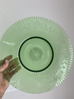 Beautifully Etched Vintage Green Glass Bowl