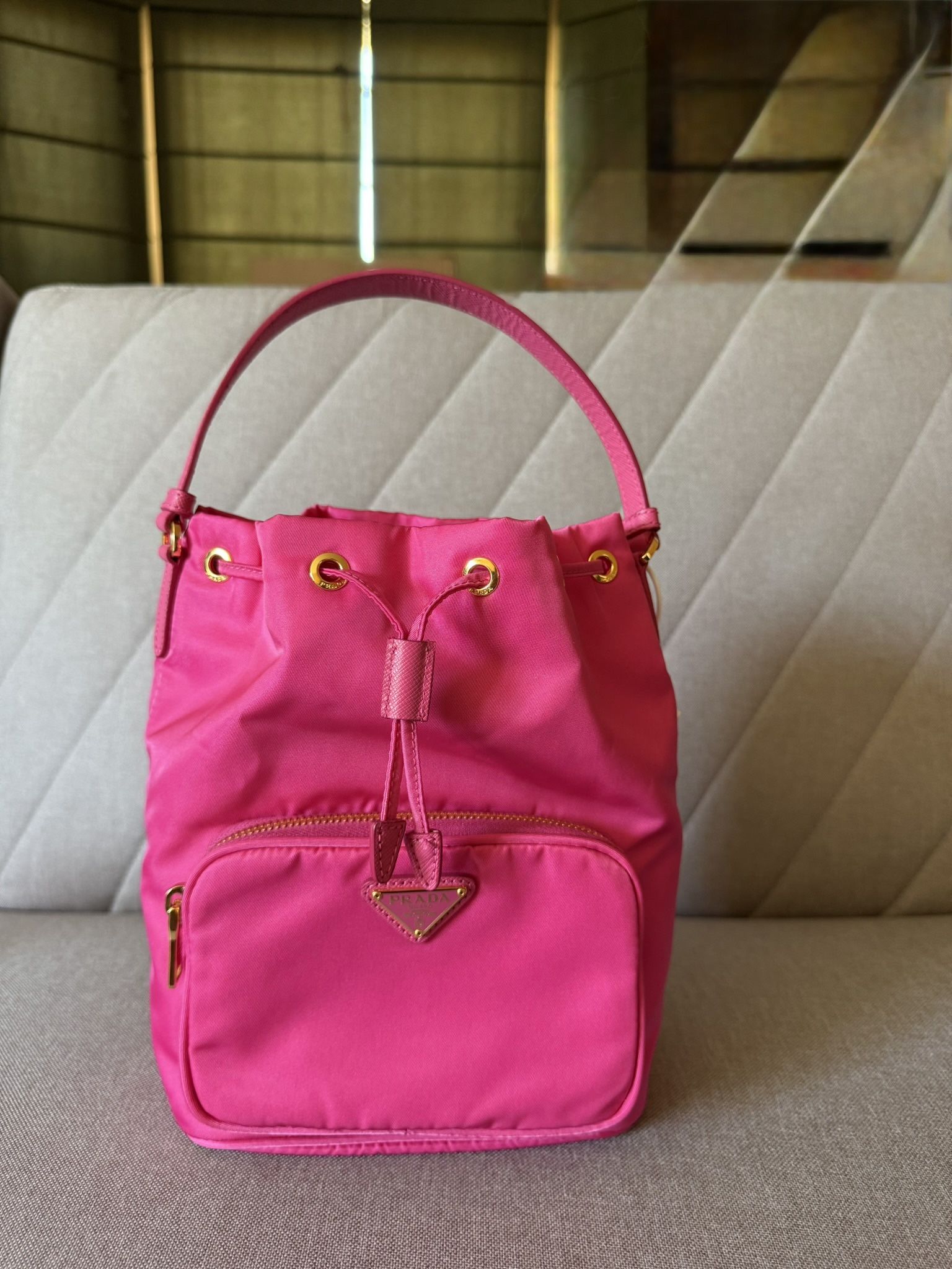 auth Prada Duet Re-Nylon Bucket Bag
