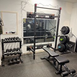 Complete Full Gym Setup - Rogue R-3W Rack, Bumper Plates, Hex Bar, Dumbbells, Bench & Bars